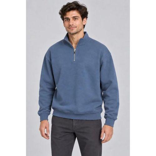 Erkek Üç İplik İçi Şardonlu Dik Yaka Yarım Fermuarlı Kışlık Sweatshirt - Mavi