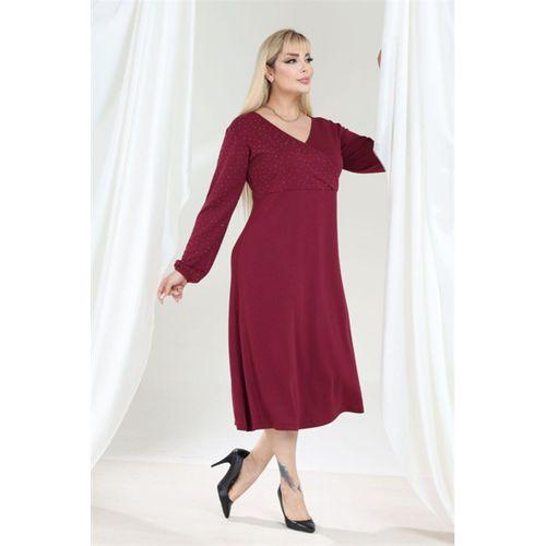 Melsay Butik Bordo Taş Baskılı Kruvaze Yaka Modal Elbise
