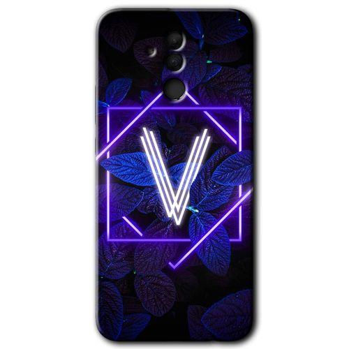 MRCİLETİSİM Huawei Mate 20 Lite Kılıf HD Desen Baskılı Arka Kapak + Temperli Cam - Dark Neon Yaprak V Harfi