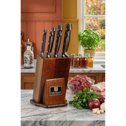 Sürmene Şef Mutfak Bıçak Seti Eskitme Ahşap Kütüklü Standlı Sıcak Dövme Bıçağı Set 7 Parça Sürbisa 61509