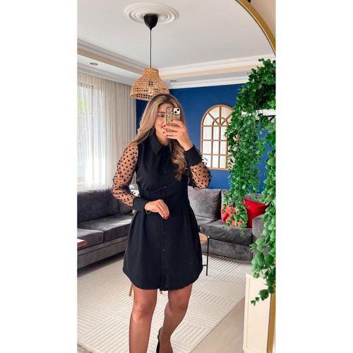 Kadın Uzun Kollu Yakalı Düğmeli Mini Ithal Krep Elbise