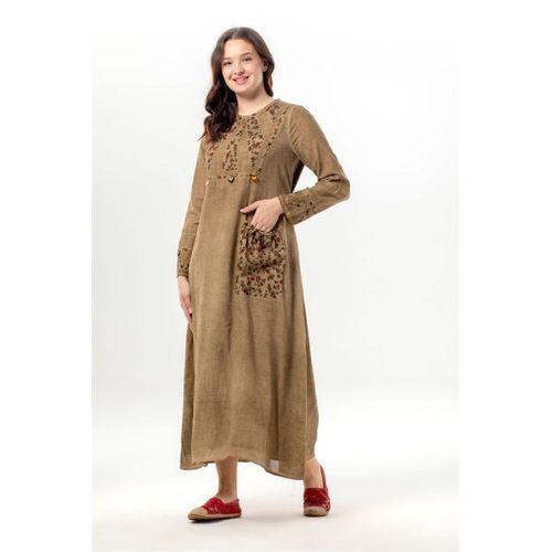 Uzun Kol Sultan Tek Cepli Yazlık Uzun Poplin Elbise Toprak Tprk