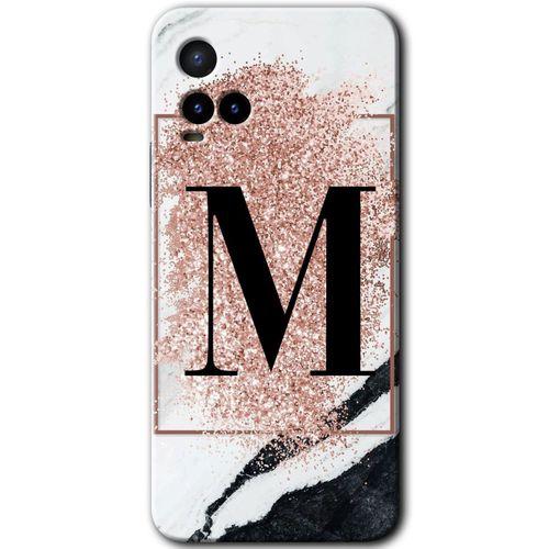 Vivo Y21s Kılıf HD Desen Baskılı Arka Kapak - Pembe Mermer Desenli M Harfi + Kırılmaz Cam