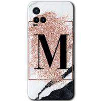 Vivo Y21s Kılıf HD Desen Baskılı Arka Kapak - Pembe Mermer Desenli M Harfi + Kırılmaz Cam