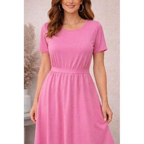 Kadın Kısa Kollu Yuvarlak Yaka Arkadan Düğmeli Viskon Midi Elbise