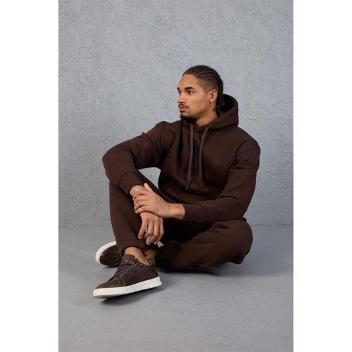 Şardonlu Kanguru Cepli Sweatshirt - 3 İplik Şardonlu Lastik Paça Erkek Eşofman Altı- Eşofman Takımı - Kahve