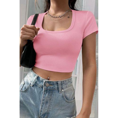 Kadın Pembe Şık Kesim Yarım Kol Crop Bluz