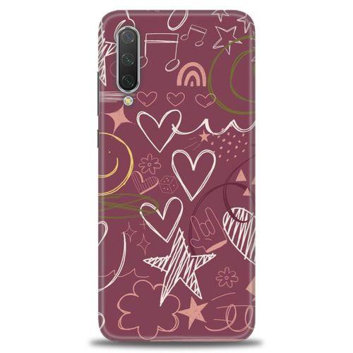 Xiaomi Mi 9 SE Kılıf HD Baskılı Kılıf - Notalar ve Kalpler Bordo + Tam Ekran Koruyucu