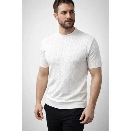 Erkek Yazlık Triko Dokuma Tişört Kısa Kol Bisiklet Yaka Örgü Desenli T-Shirt - Beyaz