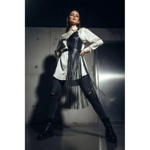 Siyah Etek Deri Zımbalı Asimetrik Püsküllü - Brf1014