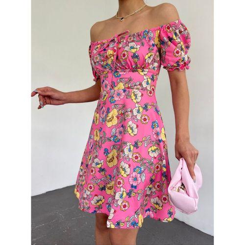 Yakası Lastikli Bağcık Detaylı Mini Elbise -Pembe