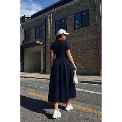 Kadın Kısa Kollu V Yakalı Pileli Uzun Janjan Krep Elbise