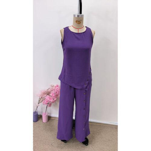 Kadın Askılı Yuvarlak Yakalı önü Asimetrik Detaylı Düğmeli Aerobin Bluz Ve Pantolon Ikili Takım