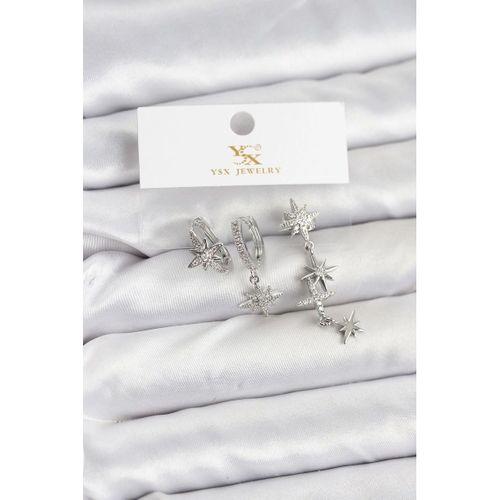 Pirinç Gümüş Renk Zirkon Taşlı Kutup Yıldızı Model YSX Trio Küpe Seti