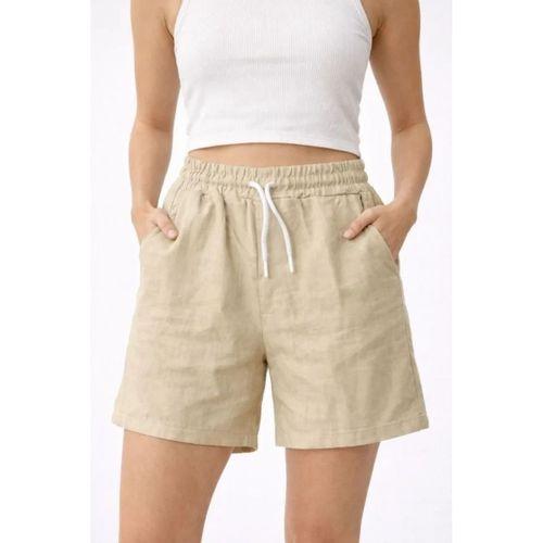 Keten Kumaş Cepli Rahat Kesim Bel Lastikli Şort - Bej
