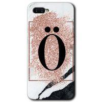 Oppo Rx 17 Neo Kılıf HD Desen Baskılı Arka Kapak + Temperli Cam - Pembe Mermer Desenli Ö Harfi