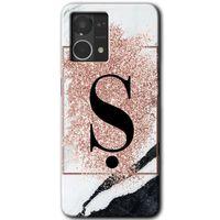 Oppo Reno 7 4G HD Baskılı Kılıf + 9D Tam Ekran Koruyucu - Pembe Mermer Desenli Ş Harfi