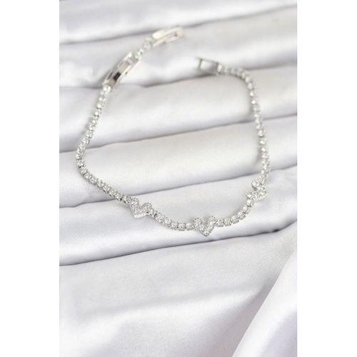 Pirinç Gümüş Renk Kalp Model Zirkon Taşlı Su Yolu Kadın Bileklik