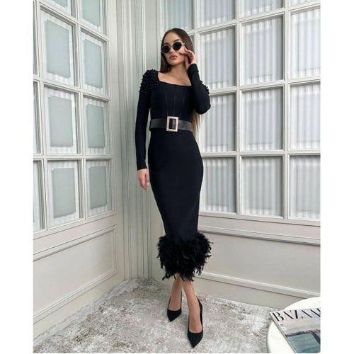 Kadın Etek Ucu Otriş Yakası Inci Detayli Midi Boy Elbise