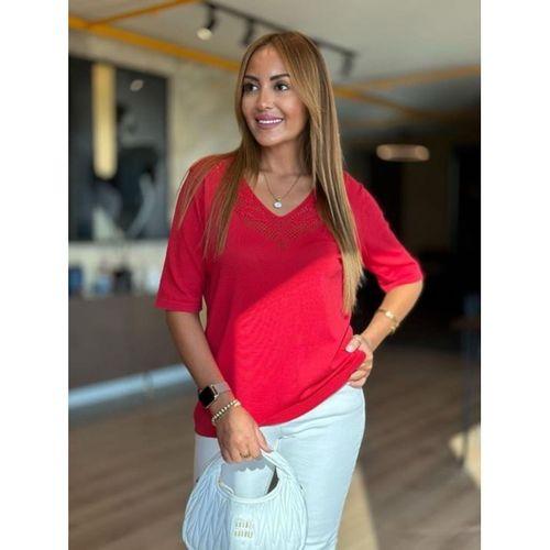 Kadın Kısa Kollu V Yaka Ajurlu Triko BluZ