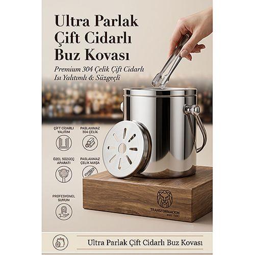 Çift Cidarlı Isı Yalıtımlı Buz Kovası Termosu 1 L - Ultra Parlak Süzgeçli Profesyonel Ev ve Bar Tipi Parlak Buzluk 723394