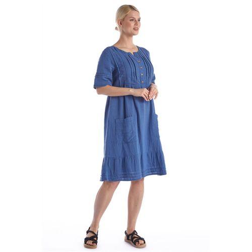 Kısa Kol İndigo Kare Yaka Cep Detaylı Midi Boy Müslin Yazlık Elbise