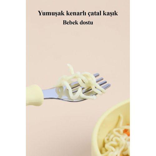 Silikon Saplı Paslanmaz Çelik Bebek Kaşık Çatal Seti Mavi