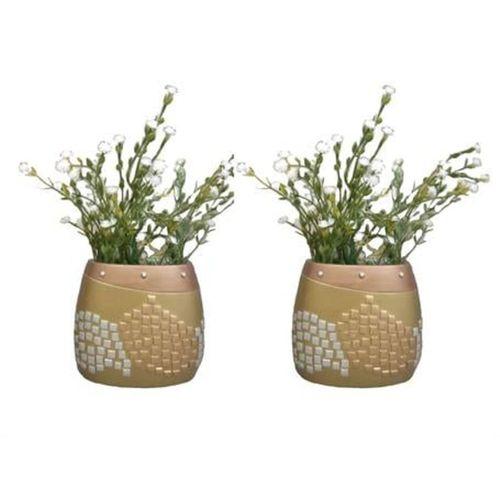 2 Adet Vazo Dahil,Vazoda Çiçek,Beyaz Yapay Çiçek,Vazo Dekoratif Altın Mozaik Poliresin 10X15X5Cm