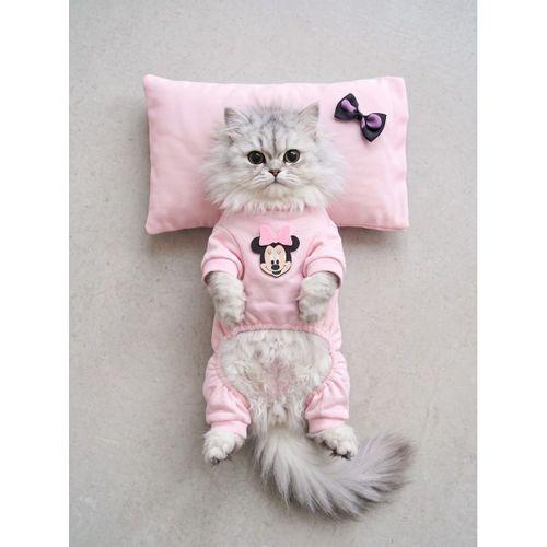 Pinkie Mouse Kedi Uyku Seti | Pembe Kalın Penye Kedi Tulumu ve Kurdele Detaylı Mini Yastık | 2 Parça