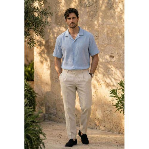 Yarım Oversize Apaş Yaka Kısa Kol Müslin Kumaş Erkek Gömlek - Buz Mavi