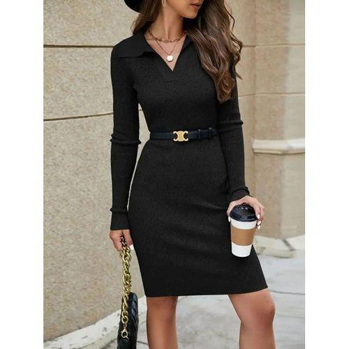 Kadın Uzun Kollu Yakalı Kısa Kaşkorse Elbise (Kemersiz)