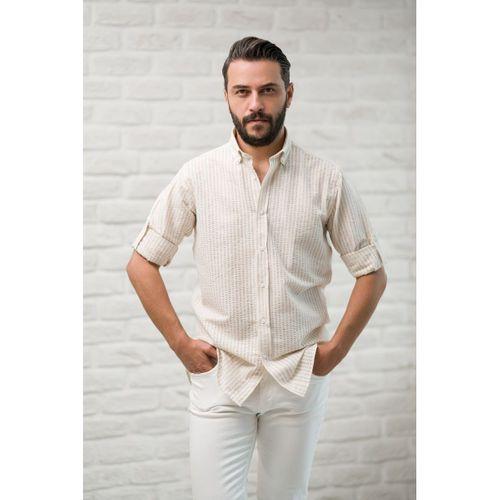 Slimfit Fit Yaka Düğmeli Çizgili Yazlık Gofre Kumaş Erkek Gömlek