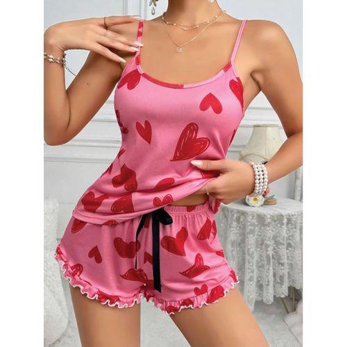 Kadın Pembe Kalp Baskılı Şortlu Gecelik Pijama Takımı 5050