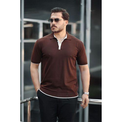 Premium Şerit Detaylı Viskon Polo Yaka Triko Erkek T-Shirt - Kahve