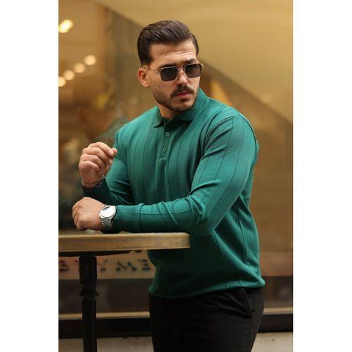 Erkek Düğmeli Yaka çizgi Dokulu Uzun Kollu Triko