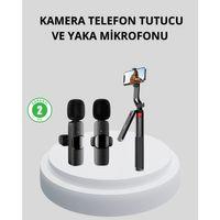 Kablosuz Çift Yaka Mikrofonu Ve Tripodlu Selfie Çubuğu İçerik Üretici Seti