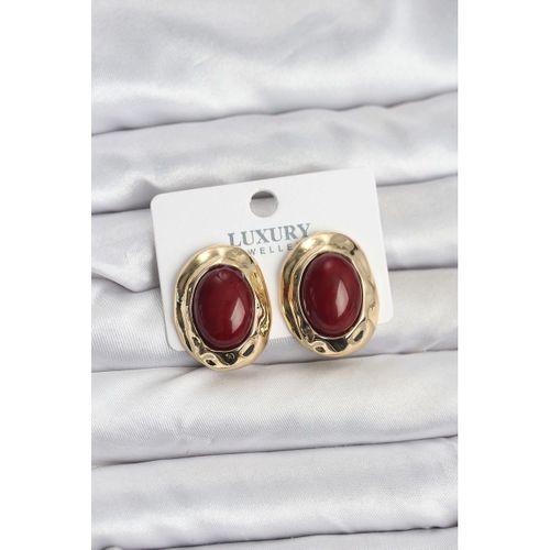 Bordo Renk Oval Vintage Pirinç Kadın Küpe