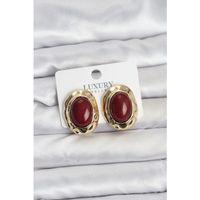 Bordo Renk Oval Vintage Pirinç Kadın Küpe