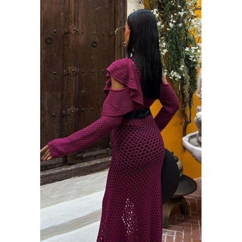 Saten Kuşaklı Ajurlu Triko Elbise 2847
