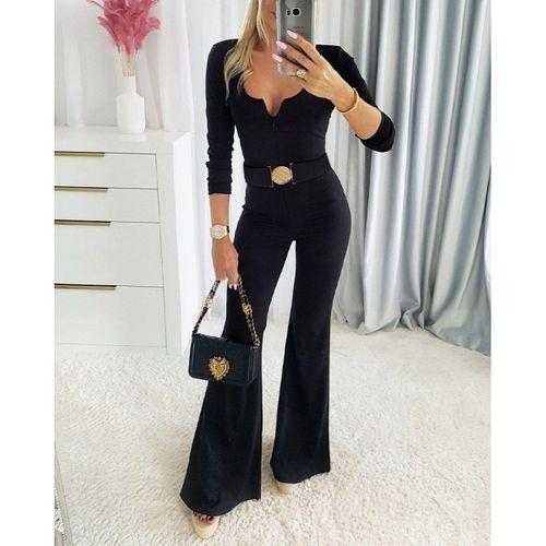 Kadın Uzun Kollu Yakası Açık Kemerli Uzun Modal Tulum