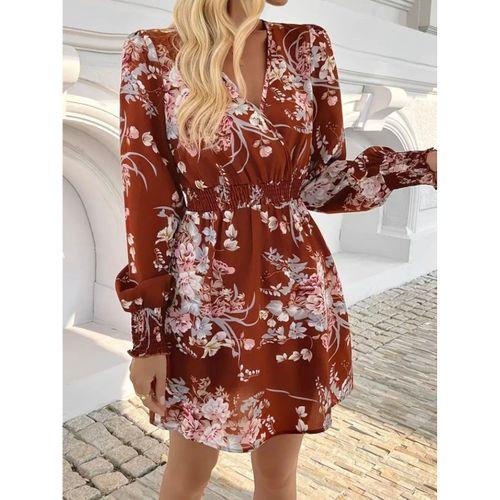 Kadın Uzun Kollu Kruvaze Yakalı çiçek Desenli Mini Süprem Elbise