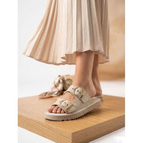 Yazlık Kadın Bej İnce Taban Tokalı Terlik