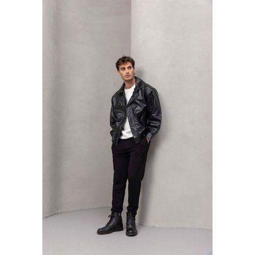 Bomber Siyah Deri Ceket Siyah - Wenders Bisiklet Yaka Sweatshirt Beyaz - Akira Örme Pike Kumaş Pantolon Siyah