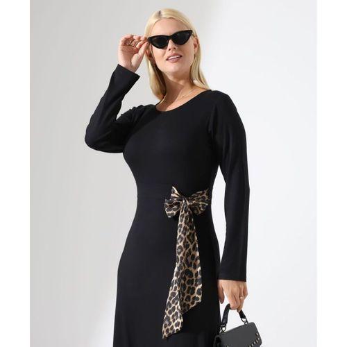 Kadın Bisiklet Yaka Leopar Fiyonk Detay Maxi Boy Elbise