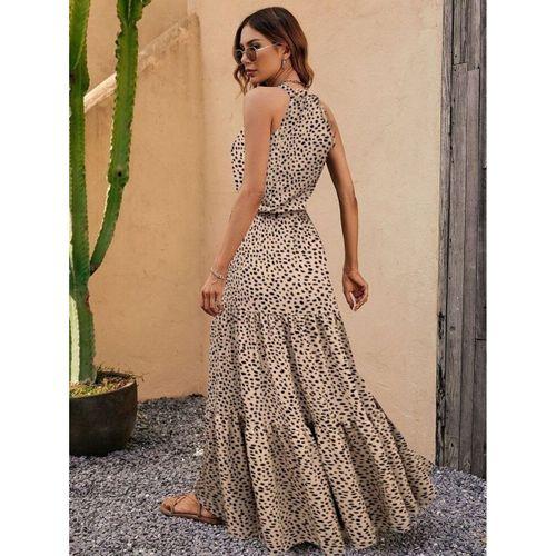 Kadın Kolsuz Halter Yaka Beli Lastiklileopar Desenli Mikro Elbise