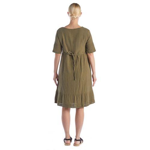 Kısa Kol Haki Kare Yaka Cep Detaylı Midi Boy Müslin Yazlık Elbise