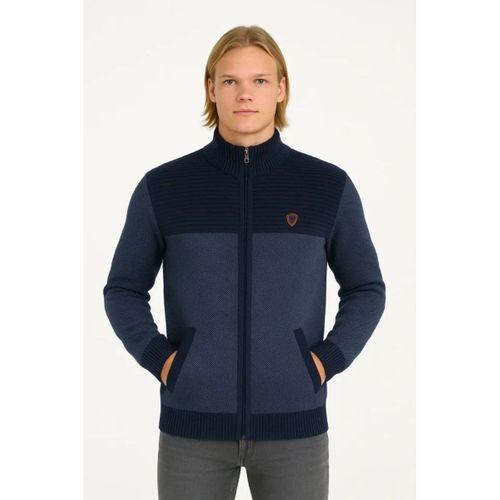 Erkek Fermuarlı Triko Hırka Yüksek Yaka, Cepli, Günlük Şık Rahat Kalıp Triko - Lacivert