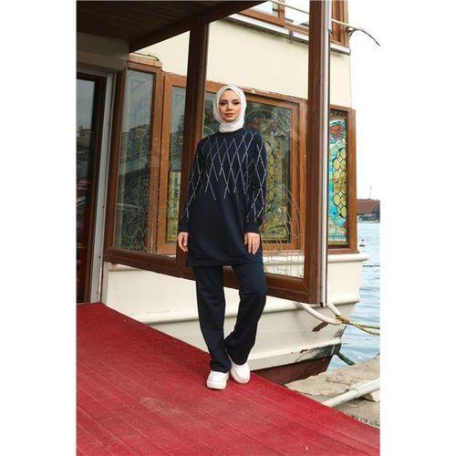 Çarpraz Taş Desenli O Yaka İkili Tesettür Eşofman Takımı - 71185.015 - Lacivert