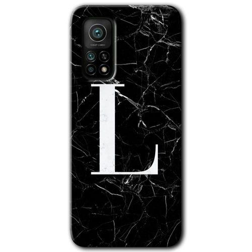 BeRa Aksesuar  Xiaomi Mi 10T Kılıf Baskılı Kapak - Siyah Mermer Desenli L Harfi +Tam Kaplayan Mat Seramik