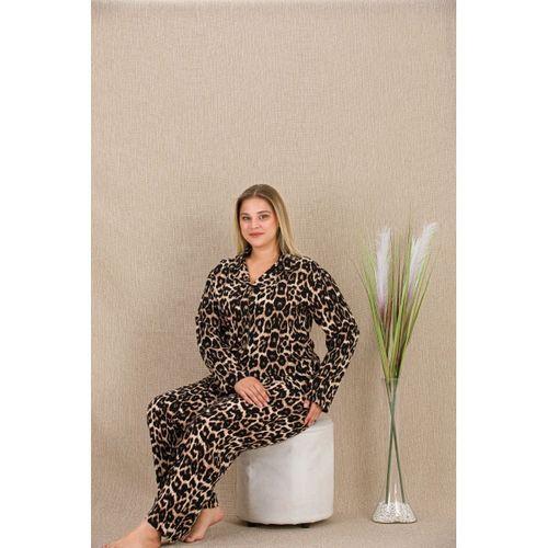Büyük Beden Leopar Desenli Düğmeli Uzun Kol Viskon Pijama Takımı